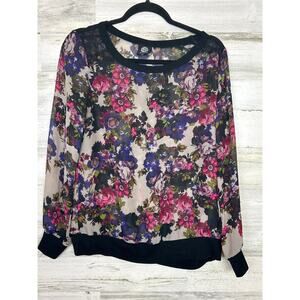 Bobeau Women’s M Purple Floral Sheer Lace Long Sleeve Knit Blouse Top Shirt